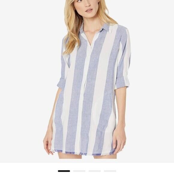 Tommy bahama Blue Striped Shirt Dress raw hem mini long sleeve large linen - Picture 1 of 8